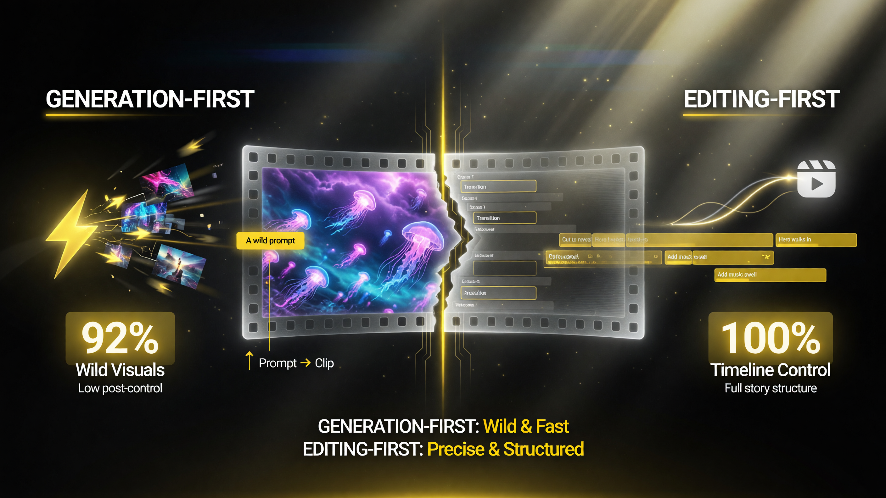 Generation-first versus editing-first AI video: generation-first prompts a clip and offers low post-generation control, best for wild visuals you cannot shoot; editing-first builds an editable timeline from an English description with full control through the timeline