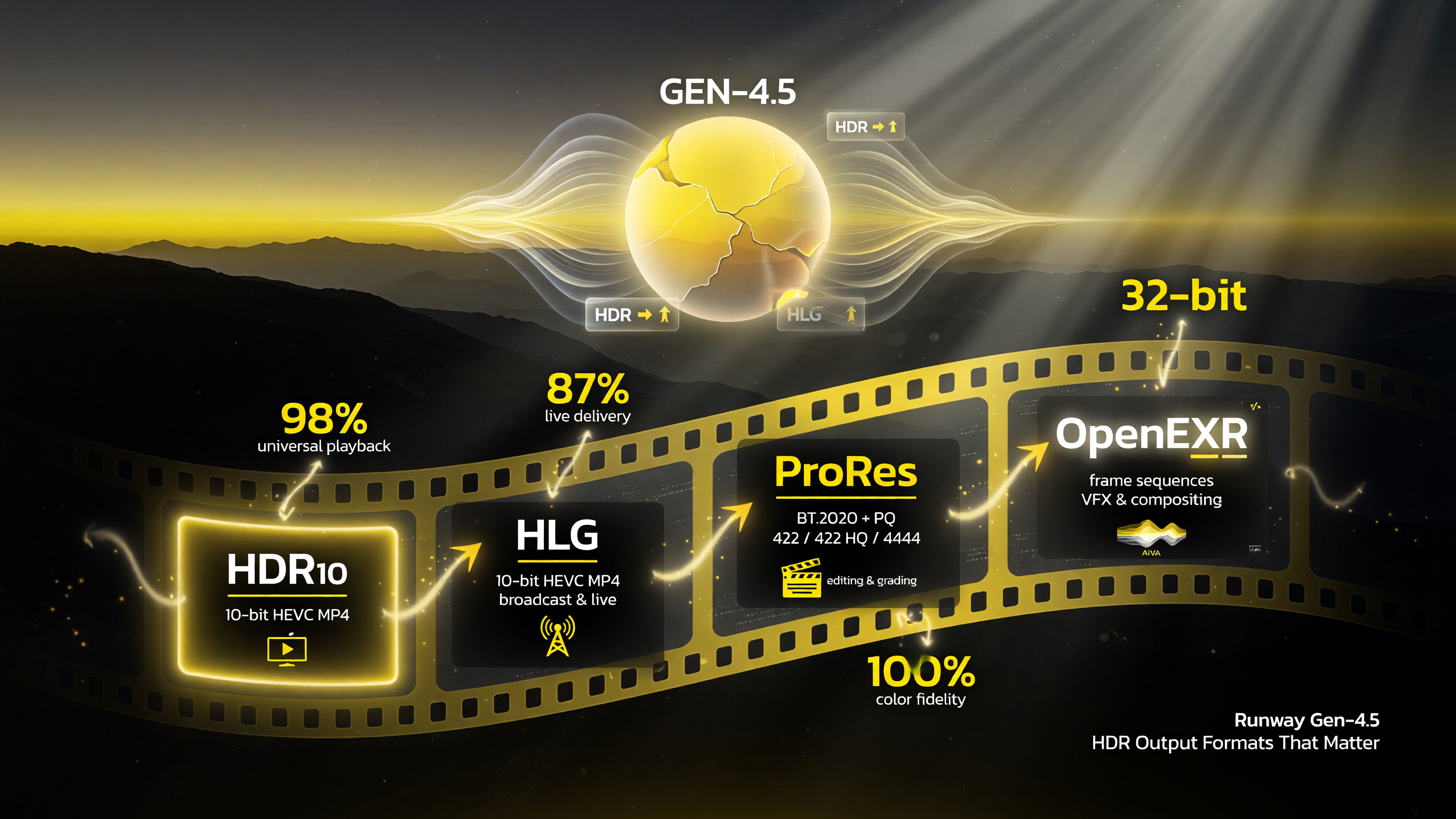 Runway Gen-4.5 HDR output formats: HDR10 and HLG 10-bit HEVC, ProRes BT.2020 plus PQ in 422 422 HQ and 4444, and half-float OpenEXR frame sequences