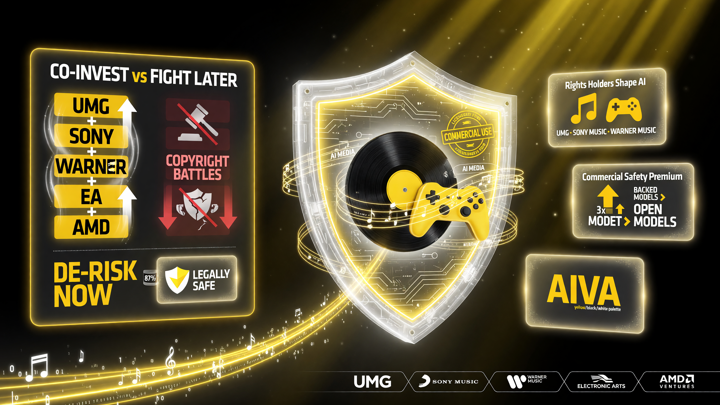 Major music and game rights holders (UMG, Sony Music, Warner Music, EA, AMD Ventures) co-invest in Stability AI to de-risk licensed AI media for commercial use.