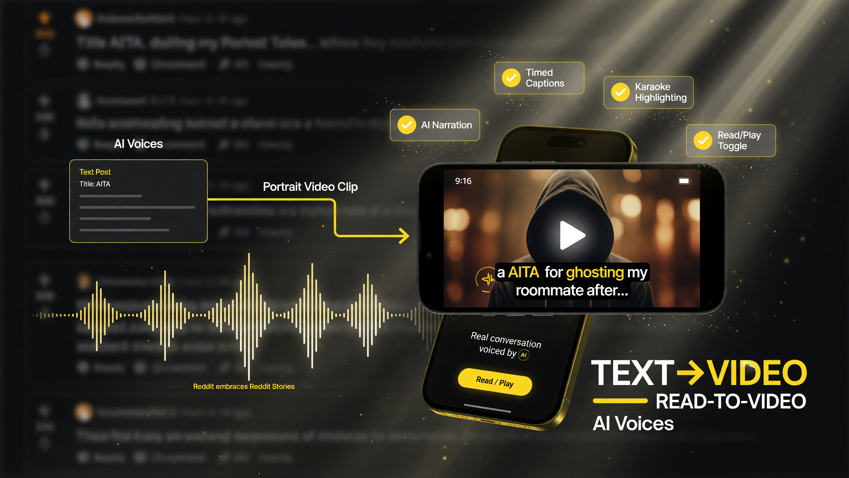 Reddit's AI video feature converts text posts into portrait short-form clips: AI narration with timed, karaoke-highlighted captions, a Read/Play toggle, and a 'Real conversation voiced by AI' watermark.