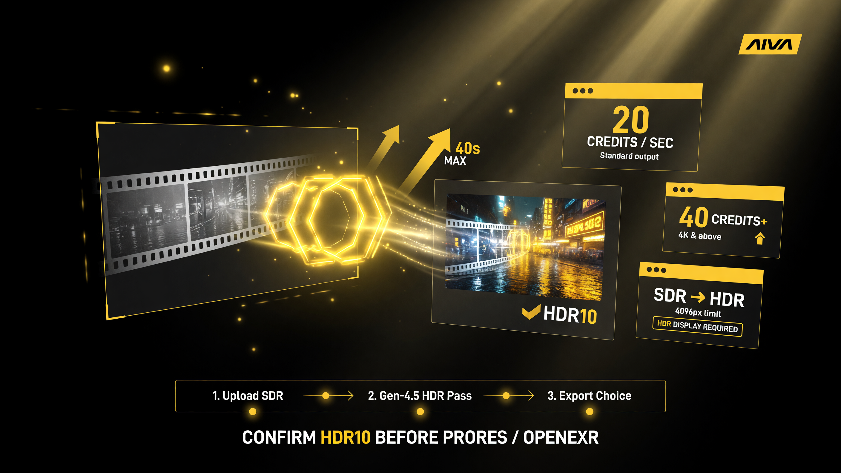 Runway HDR creator workflow and cost: about 20 credits per second, roughly 40 for 4K and up, SDR clips up to 40 seconds, HDR display required to see the value