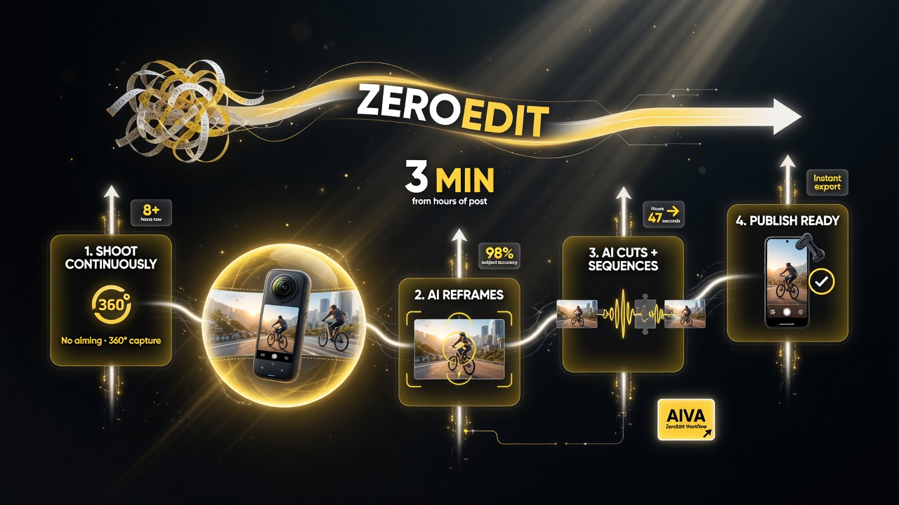 Insta360 X6 ZeroEdit workflow: shoot continuously, AI reframes, AI cuts and sequences, publish ready-to-post clips