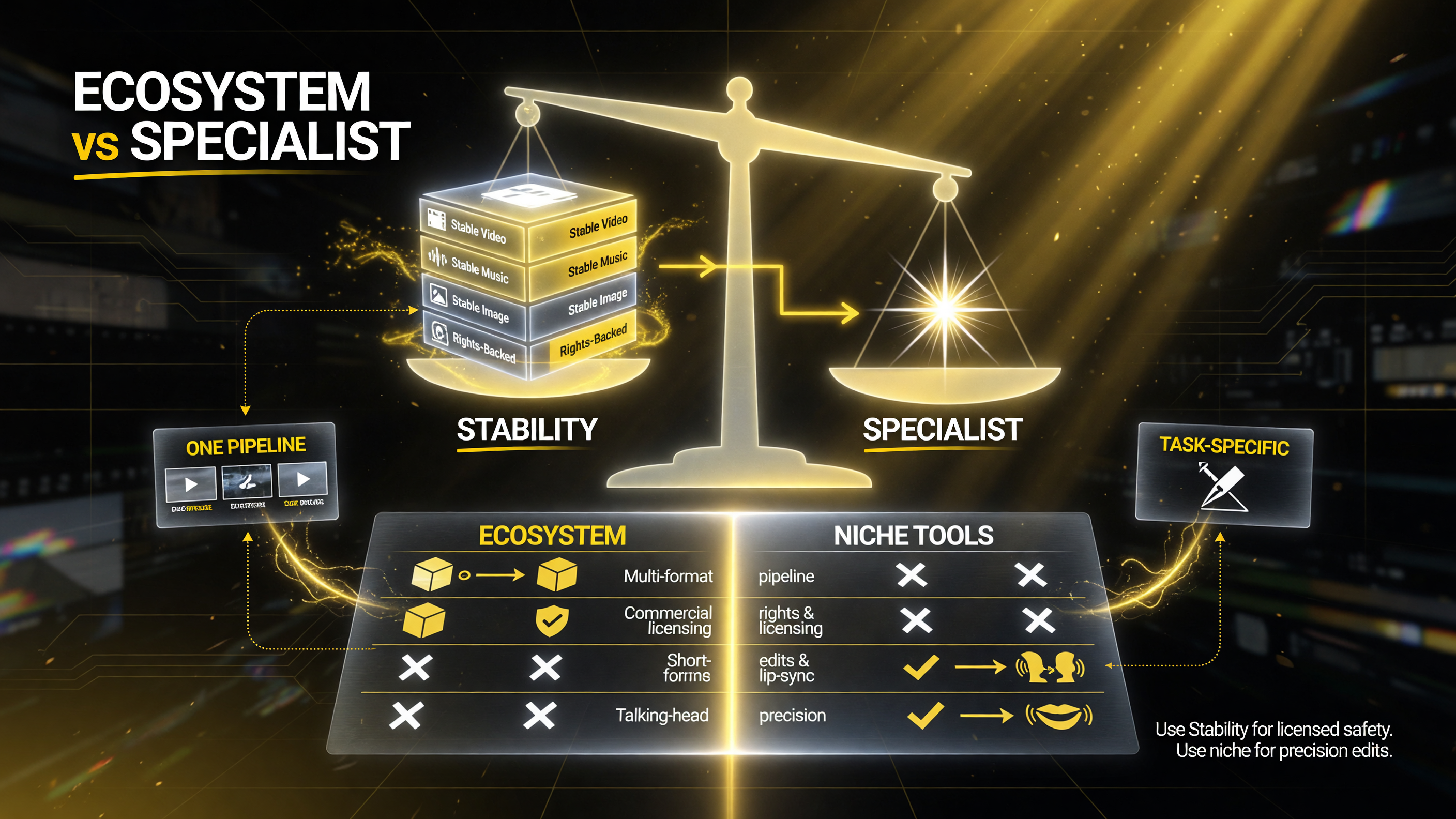 Comparing the Stability AI ecosystem (multi-format, licensed, one pipeline) against specialist AI video tools (task-specific precision for short-forms and talking-head).