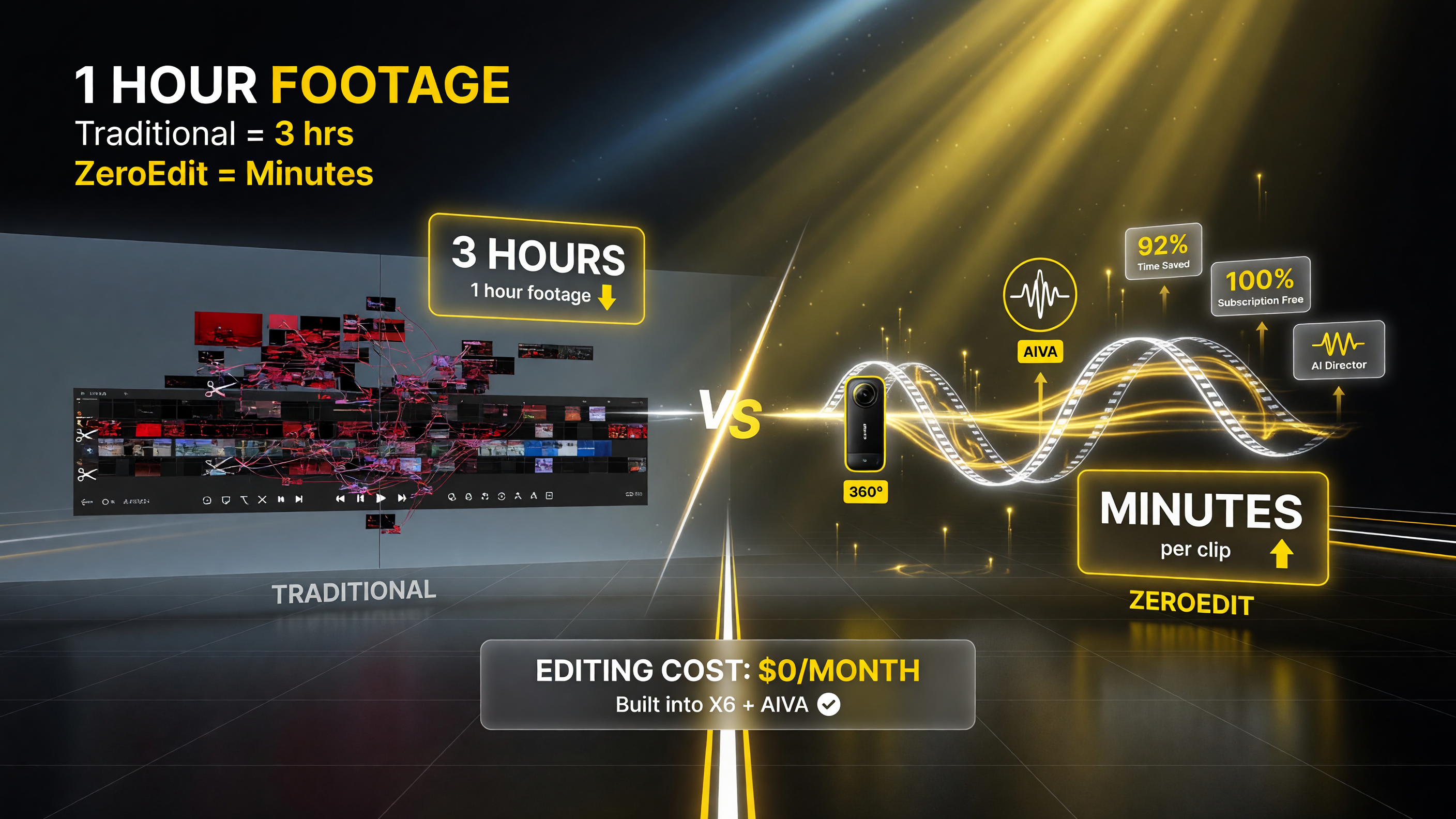 Traditional editing 1 hour footage costs 3 hours in timeline vs Insta360 X6 ZeroEdit minutes per clip at $0 per month