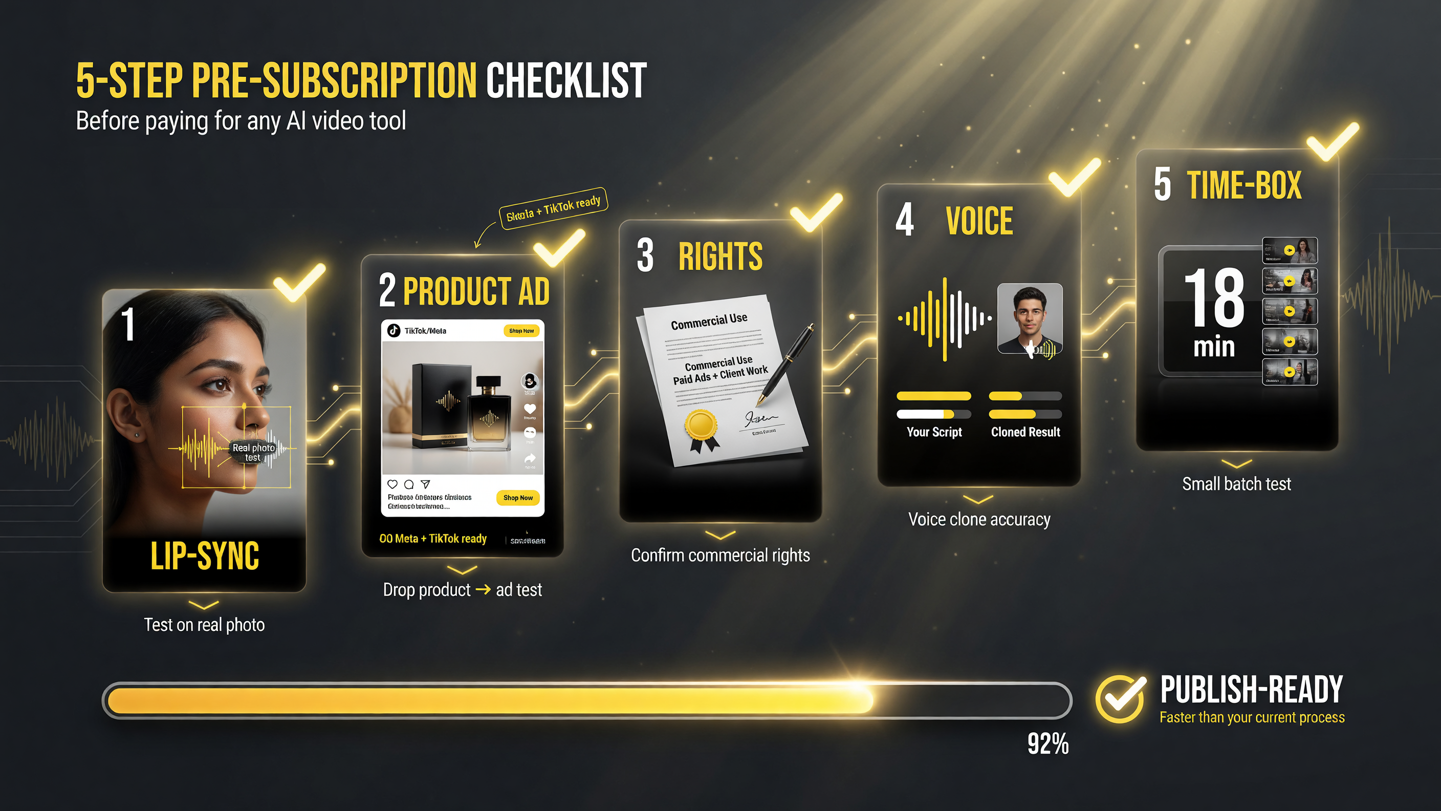 Five-step pre-subscription checklist: test lip-sync, run a real product ad, confirm commercial rights, compare voice cloning, time-box the trial
