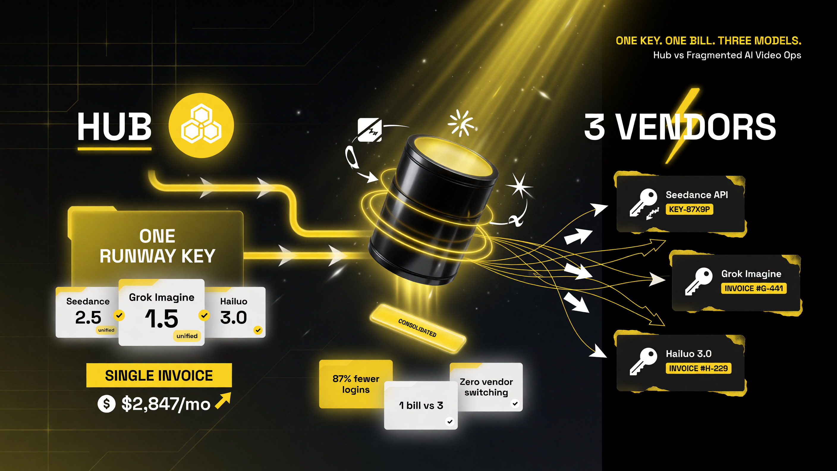 Ops comparison: one Runway API key and one consolidated invoice for Seedance 2.5, Grok Imagine 1.5, Hailuo 3.0 vs three separate vendors, keys, and invoices