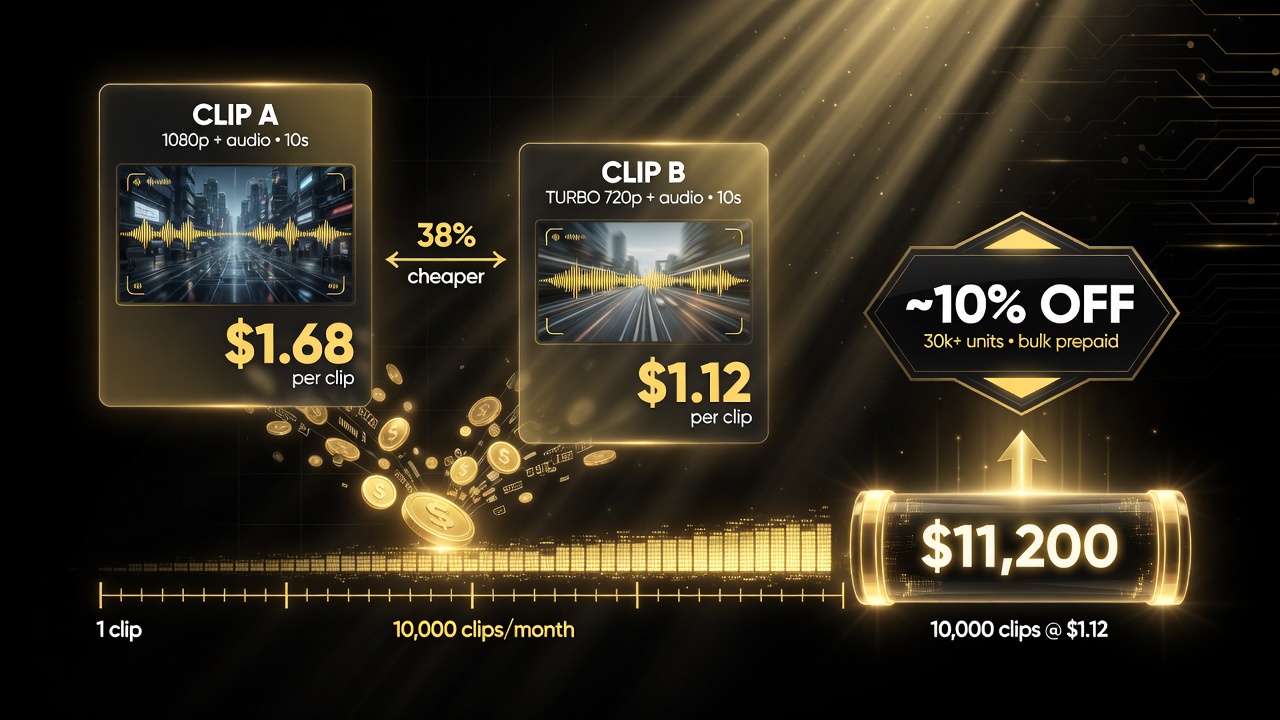 Kling API per-clip cost model showing a 10-second 1080p clip at $1.68 and a Turbo 720p clip at $1.12