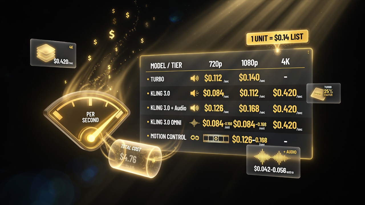 Kling API 3.0 per-second pricing table by model tier, resolution, and audio