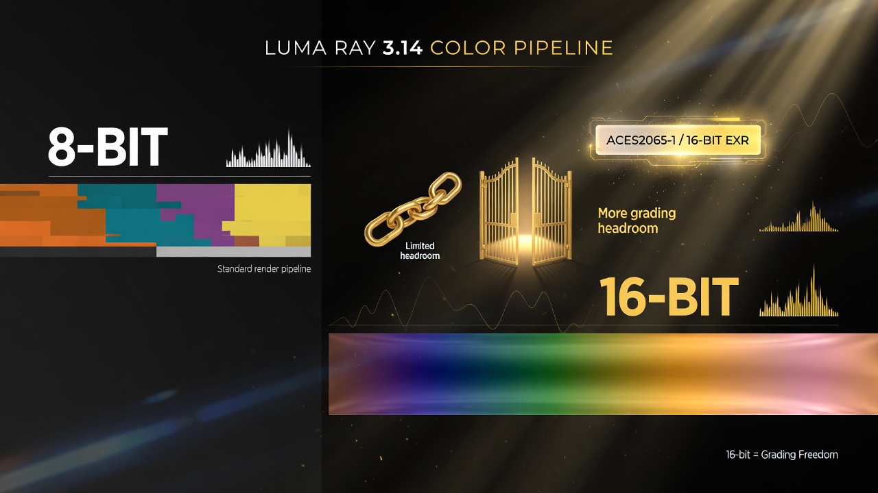 Color pipeline comparison showing Luma Ray 3.14's 16-bit EXR ACES2065-1 grading headroom versus standard 8-bit output