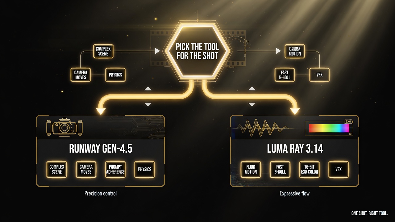 Decision flowchart for choosing between Luma Ray 3.14 and Runway Gen-4.5 based on shot type, camera control, and color pipeline