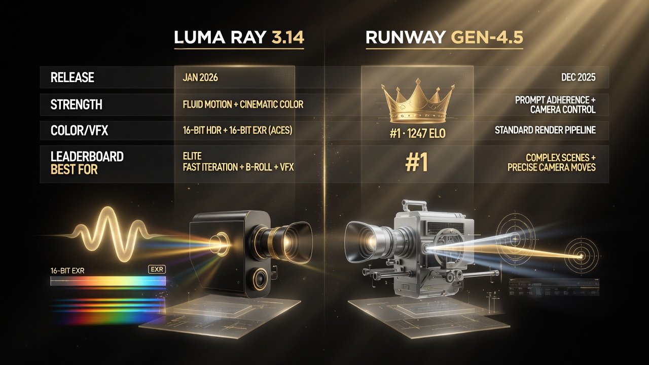 Side-by-side comparison table of Luma Ray 3.14 and Runway Gen-4.5 across release, strength, resolution, color, leaderboard, and workflow