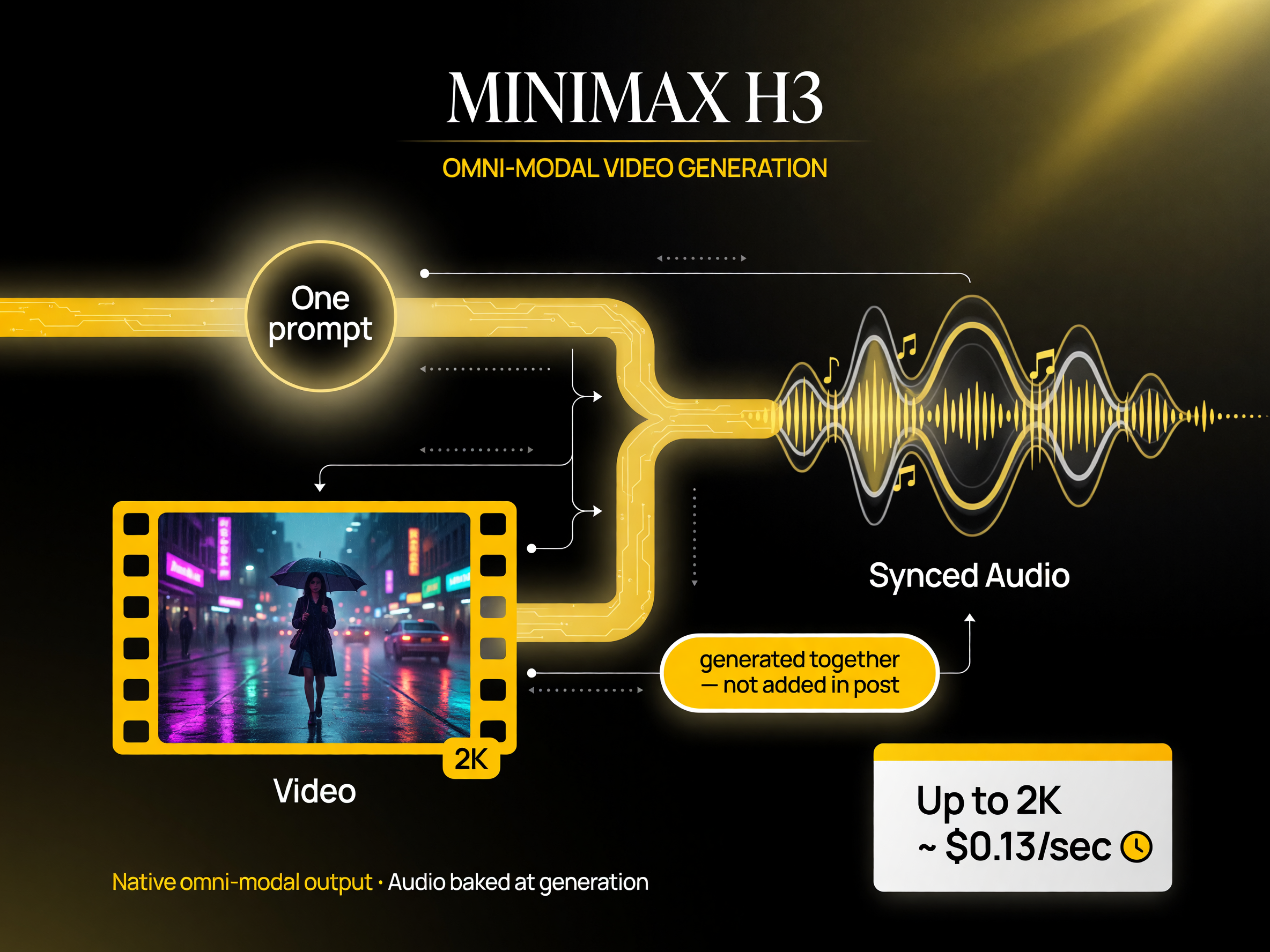 Omni-modal generation: one prompt produces both video and synchronized audio, instead of adding sound in post