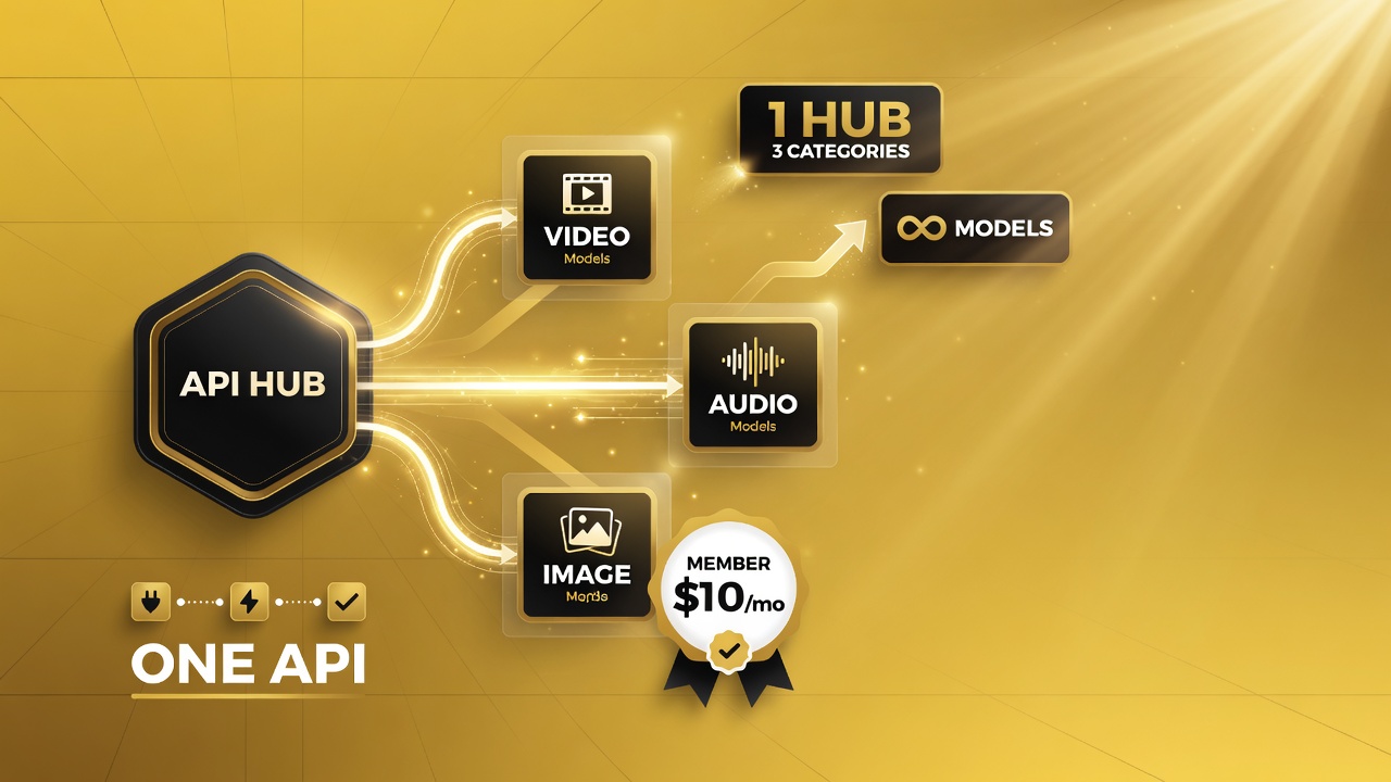 Single API hub connecting to video, image, and audio model categories with a 10 dollars per month member badge