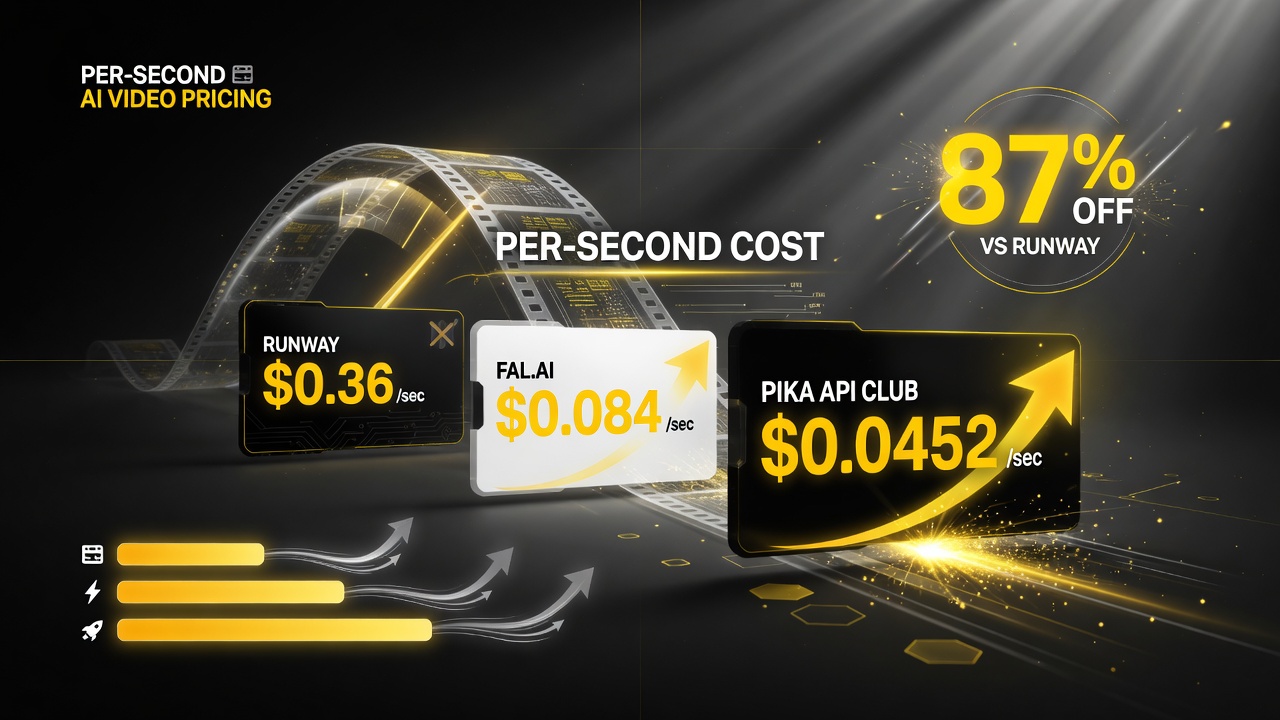 Per-second video generation price comparison: Runway 0.36 dollars, Fal.ai 0.084 dollars, Pika API Club 0.0452 dollars with 87 percent off