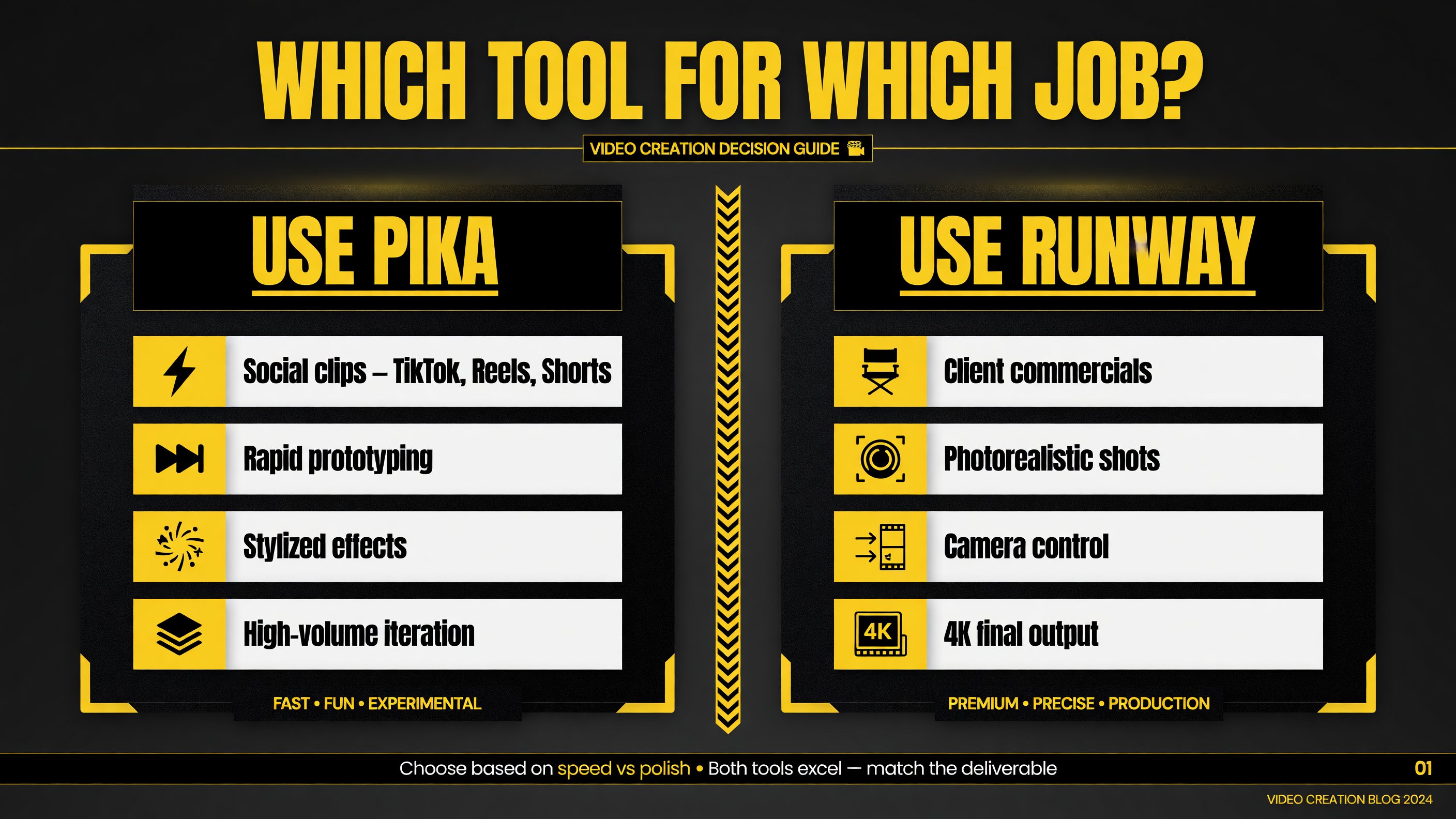 Decision guide showing which AI video tool to use: Pika for social clips and prototyping, Runway for client commercials and 4K output