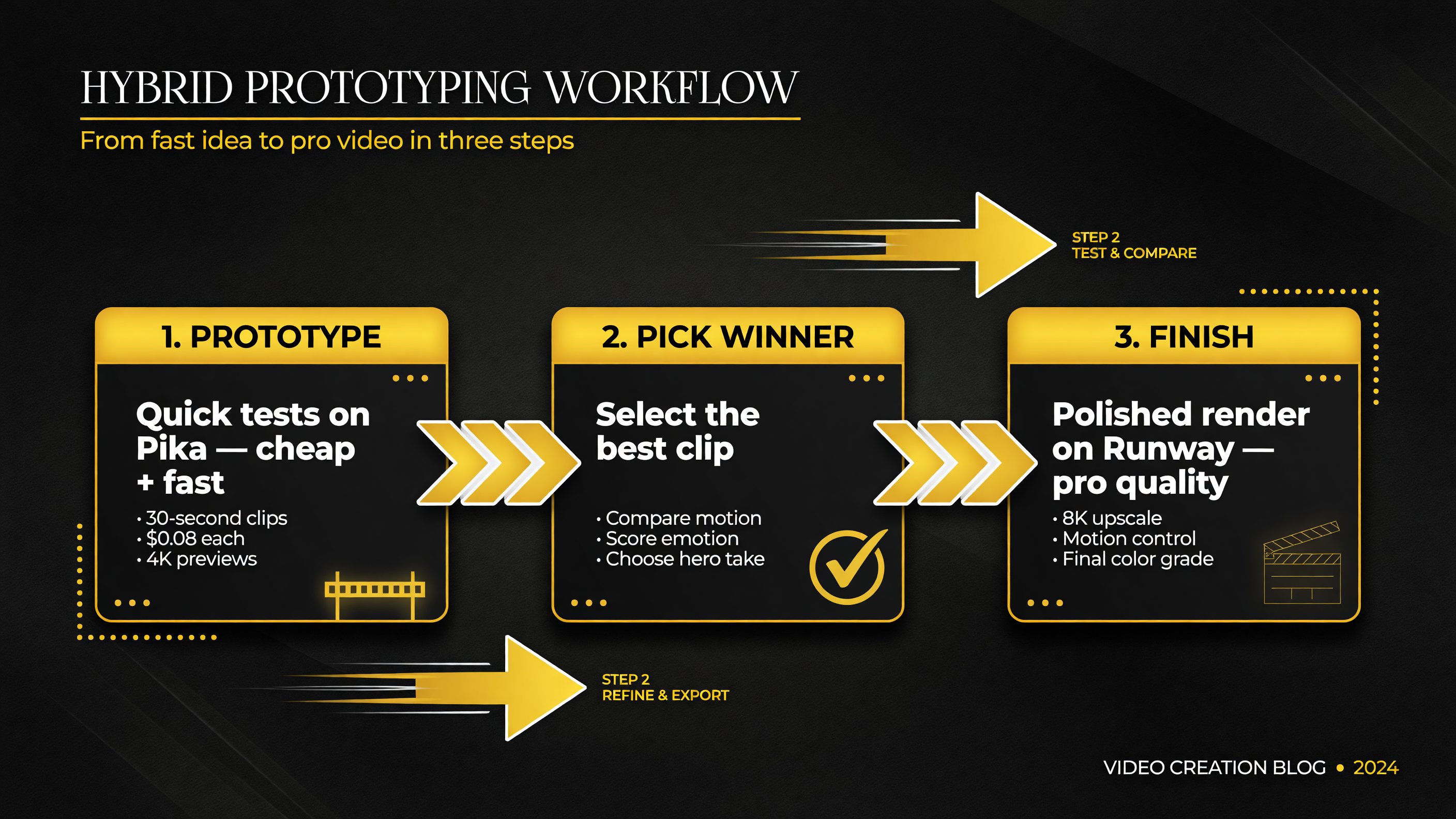 Hybrid workflow diagram: prototype ideas fast on Pika, pick the winner, then finish polished 4K output on Runway
