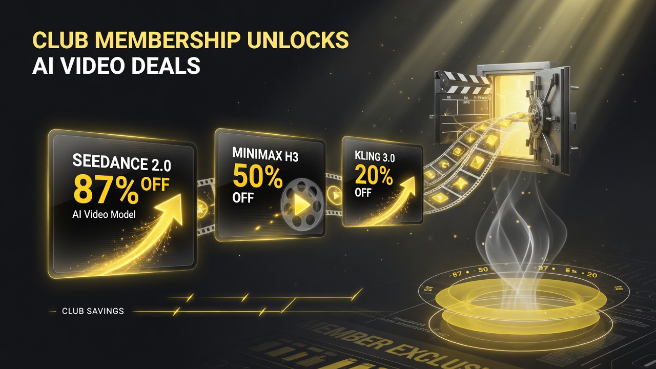 Membership savings comparison showing Seedance 2.0 at 87 percent off, MiniMax H3 at 50 percent off, Kling 3.0 at 20 percent off