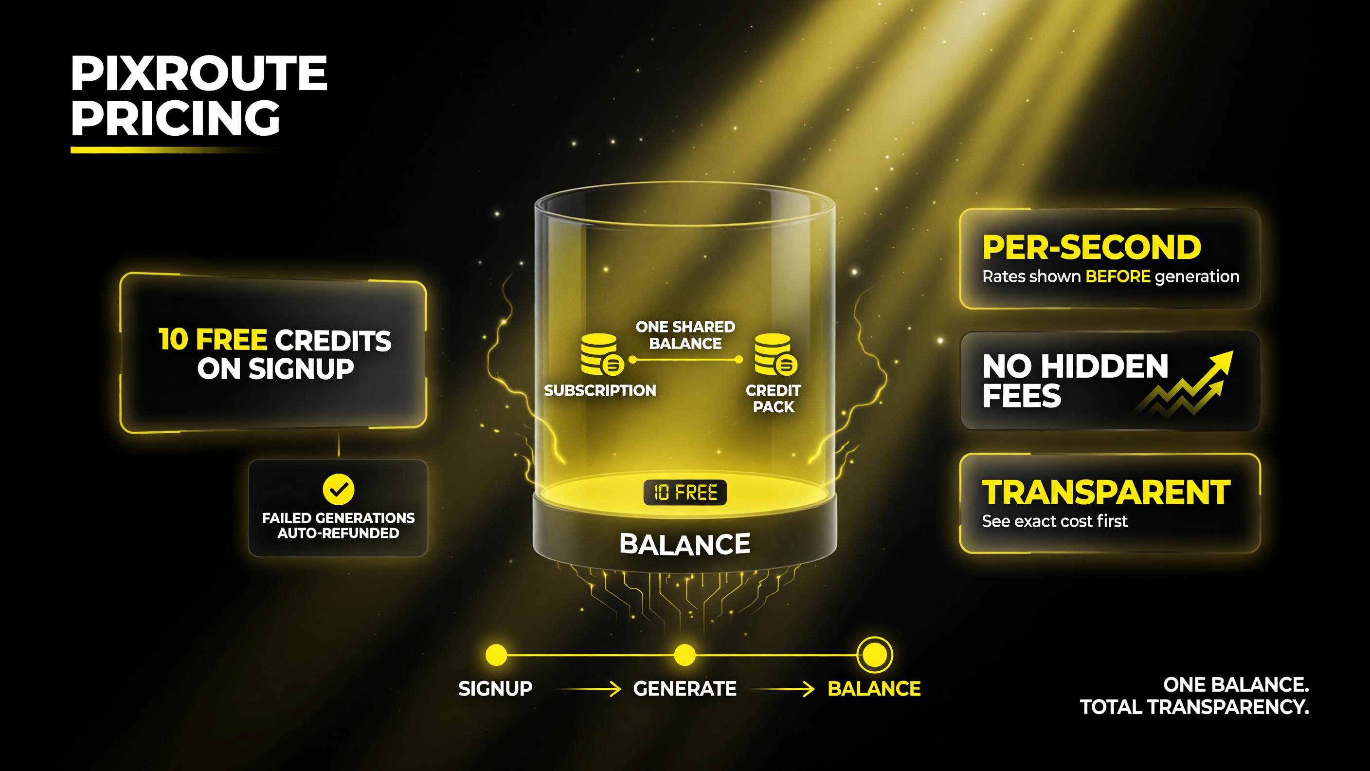 PixRoute transparent pricing - 10 free credits, failed generations auto-refunded, shared balance