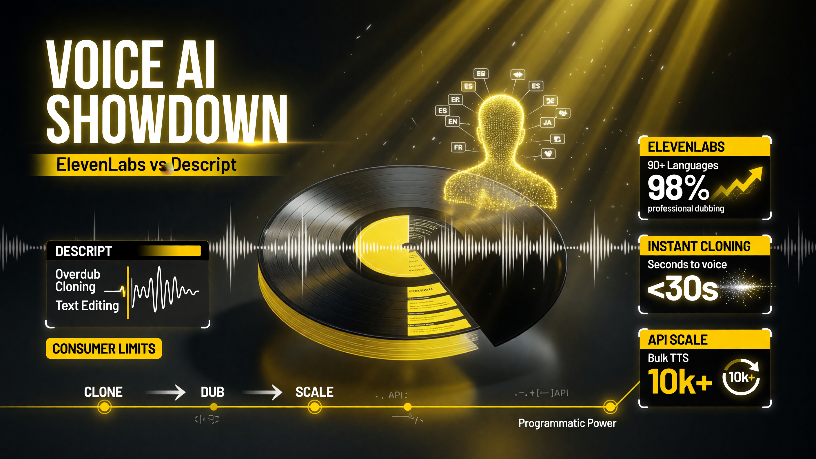 ElevenLabs vs Descript 2026 feature deep-dive: ElevenLabs voice cloning, 90+ language dubbing, and scalable API vs Descript Overdub and text-based editing