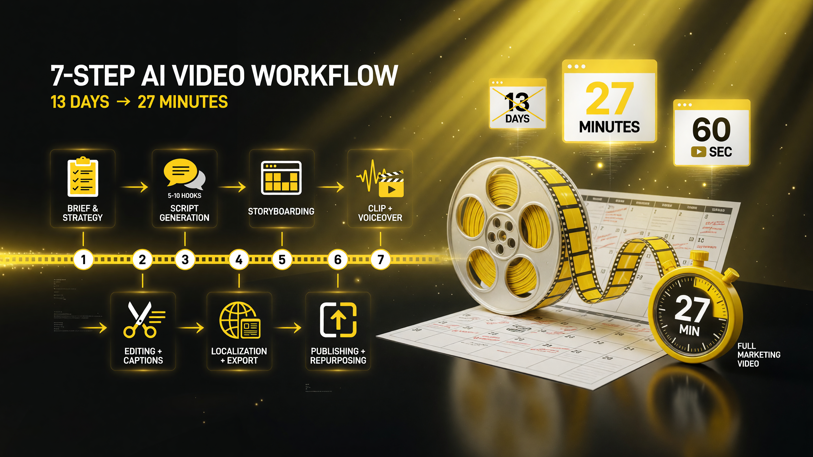 The 7-step AI short-form video workflow: brief and strategy, script generation, storyboarding, clip and voiceover generation, assembly editing captions, localization and export, publishing and repurposing