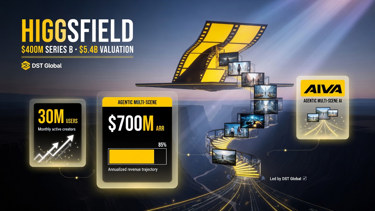 Higgsfield 400M Series B 5.4B valuation 700M annualized revenue 30M users agentic multi-scene video