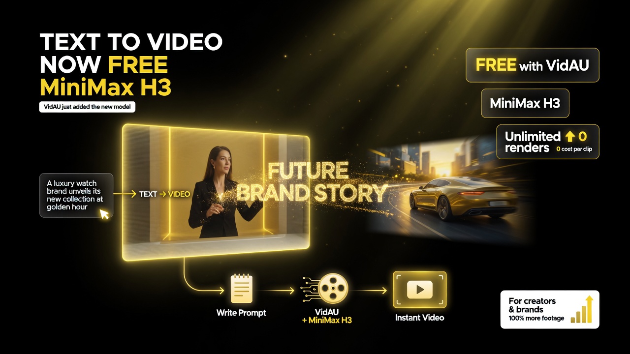 VidAU MiniMax H3 free text-to-video prompt to clip for creators and brands no pay per render