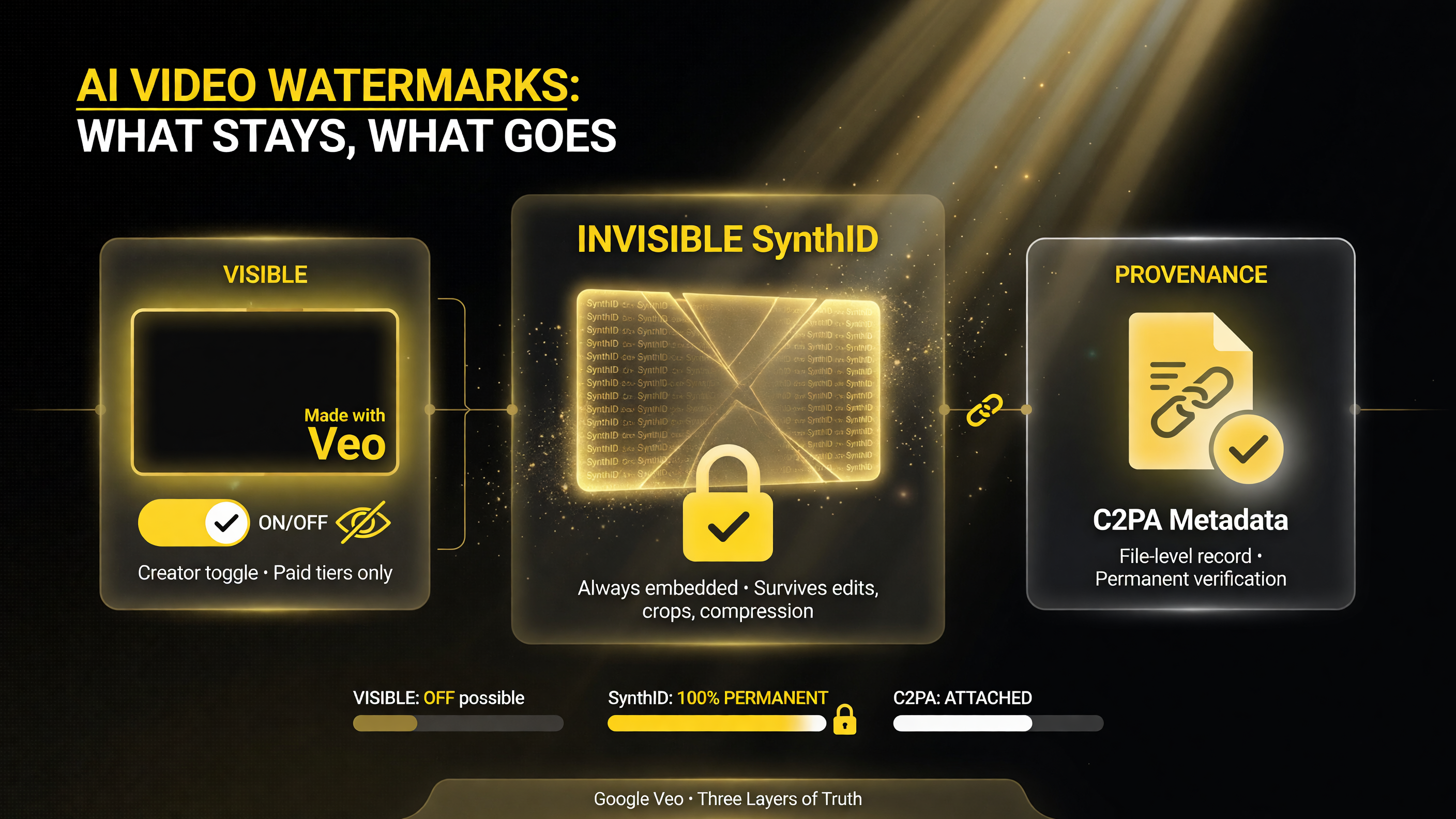 Google Veo watermark layers: visible Made with Veo label removable, invisible SynthID permanent, C2PA provenance retained