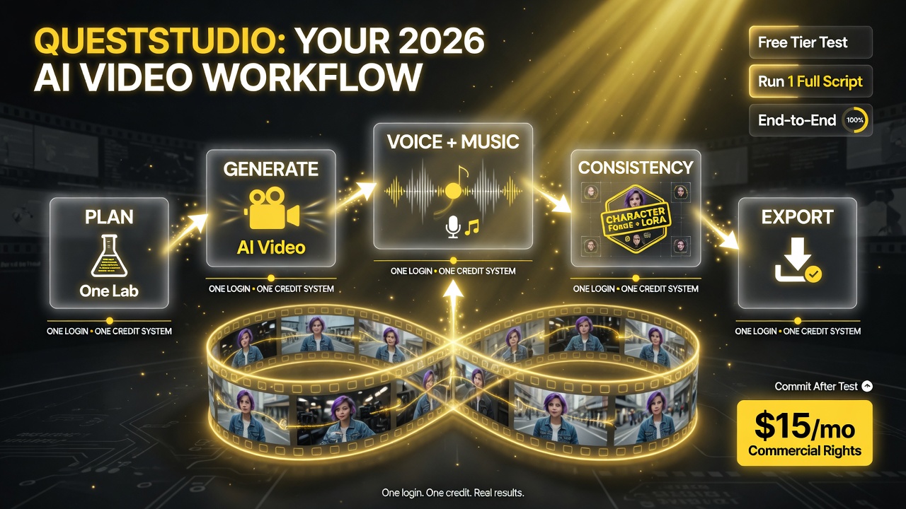 QuestStudio 2026 AI video workflow for YouTube creators