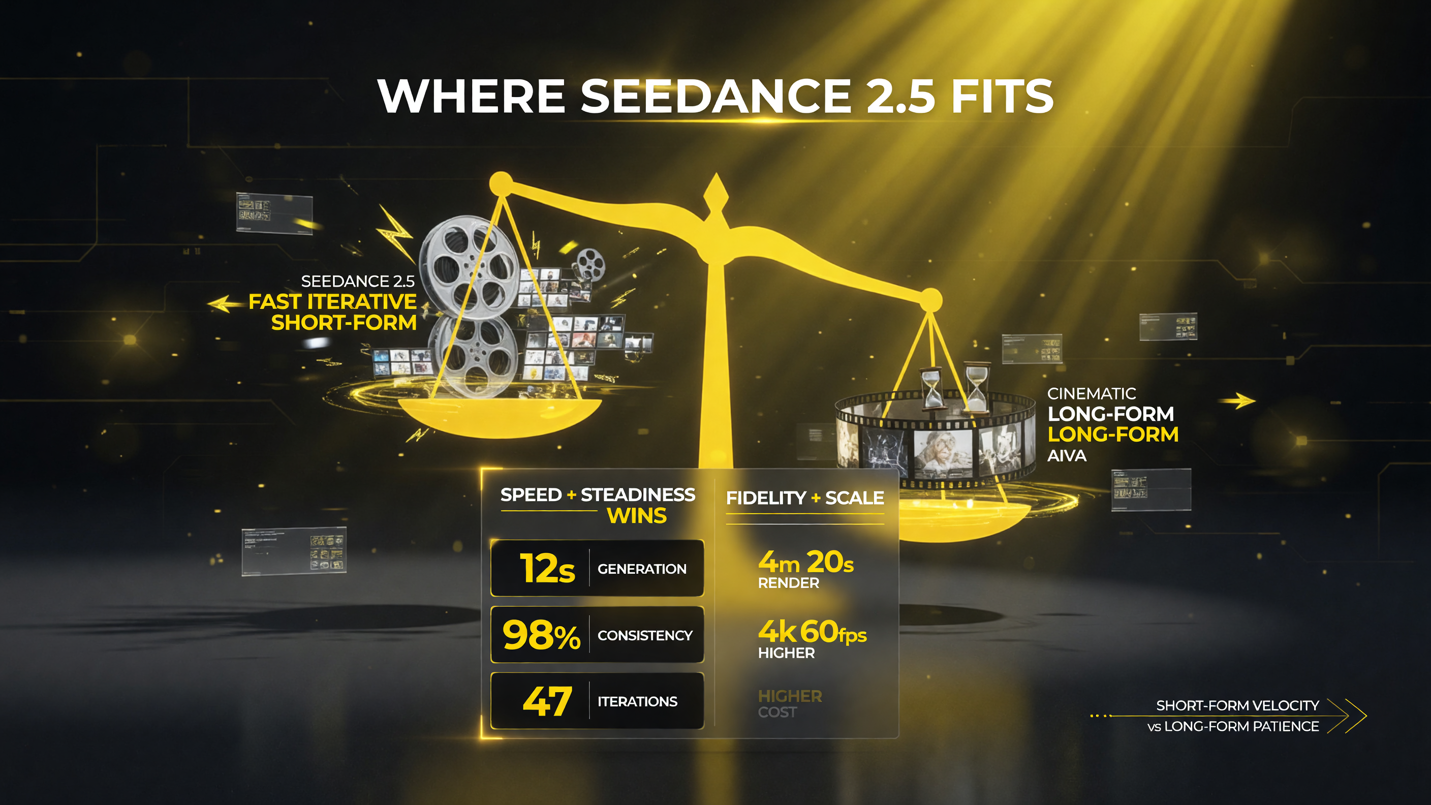 Seedance 2.5 versus the AI video field: fast iterative short-form wins on speed and steadiness while cinematic long-form may favor slower high-fidelity tools, yellow black white palette