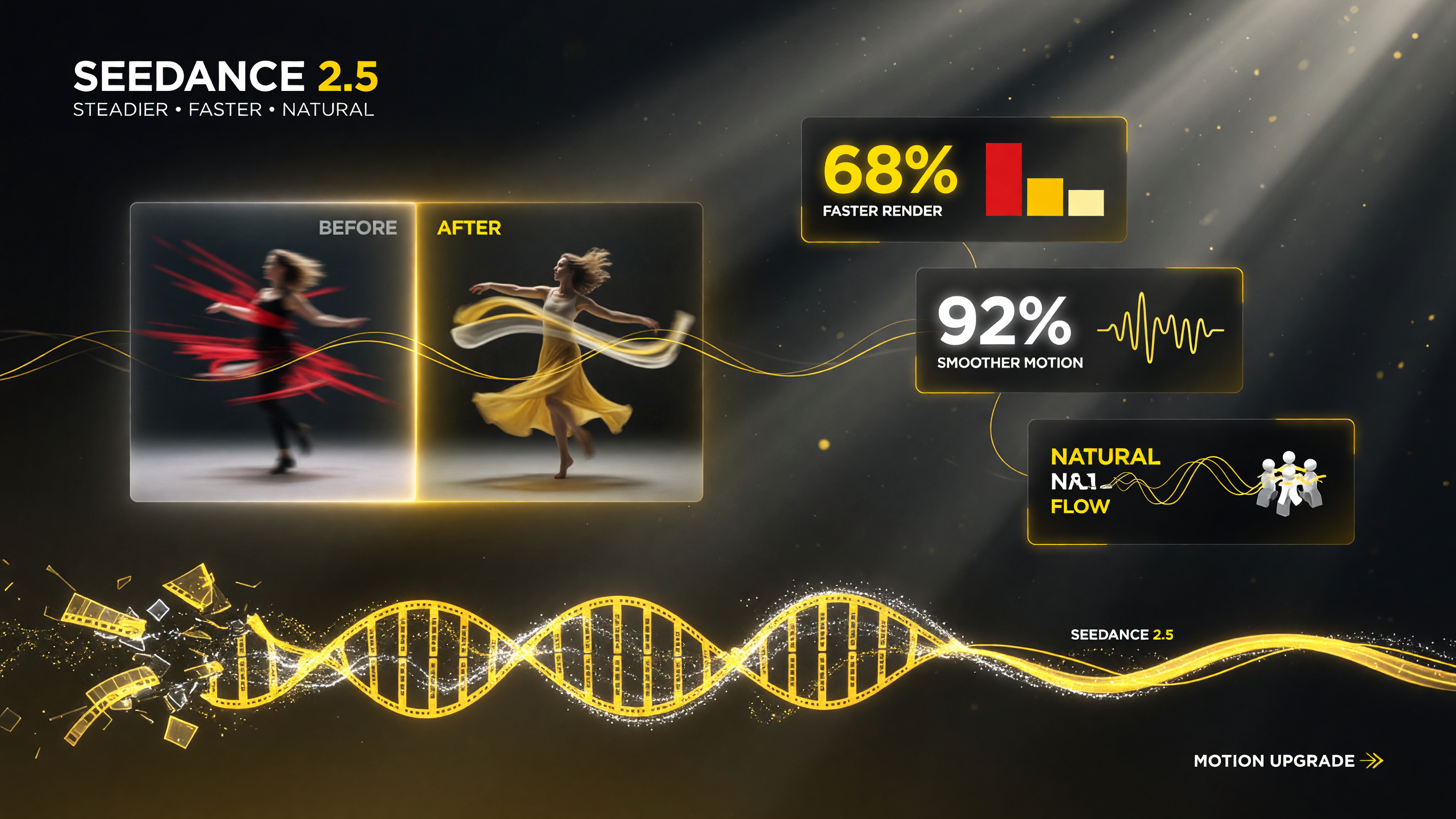 Seedance 2.5 motion quality upgrade: faster renders and steadier, more natural character and object movement in AI video, yellow black white palette