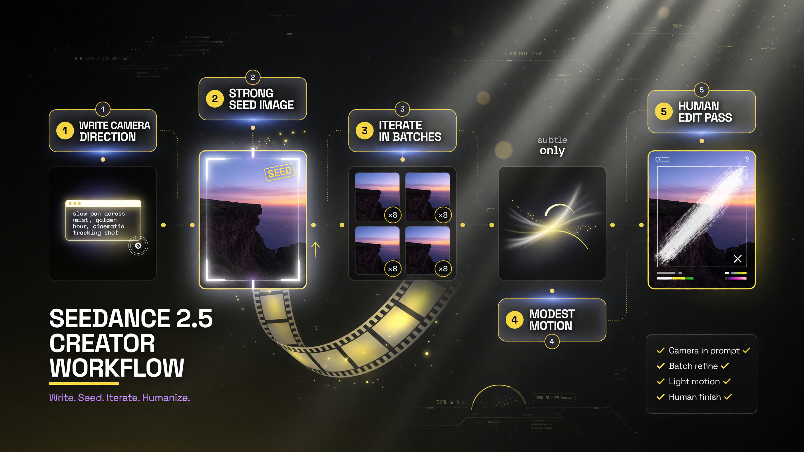 Seedance 2.5 creator workflow: write camera direction into the prompt, start from a strong image, iterate in batches, keep motion modest, finish with human editing, yellow black white palette