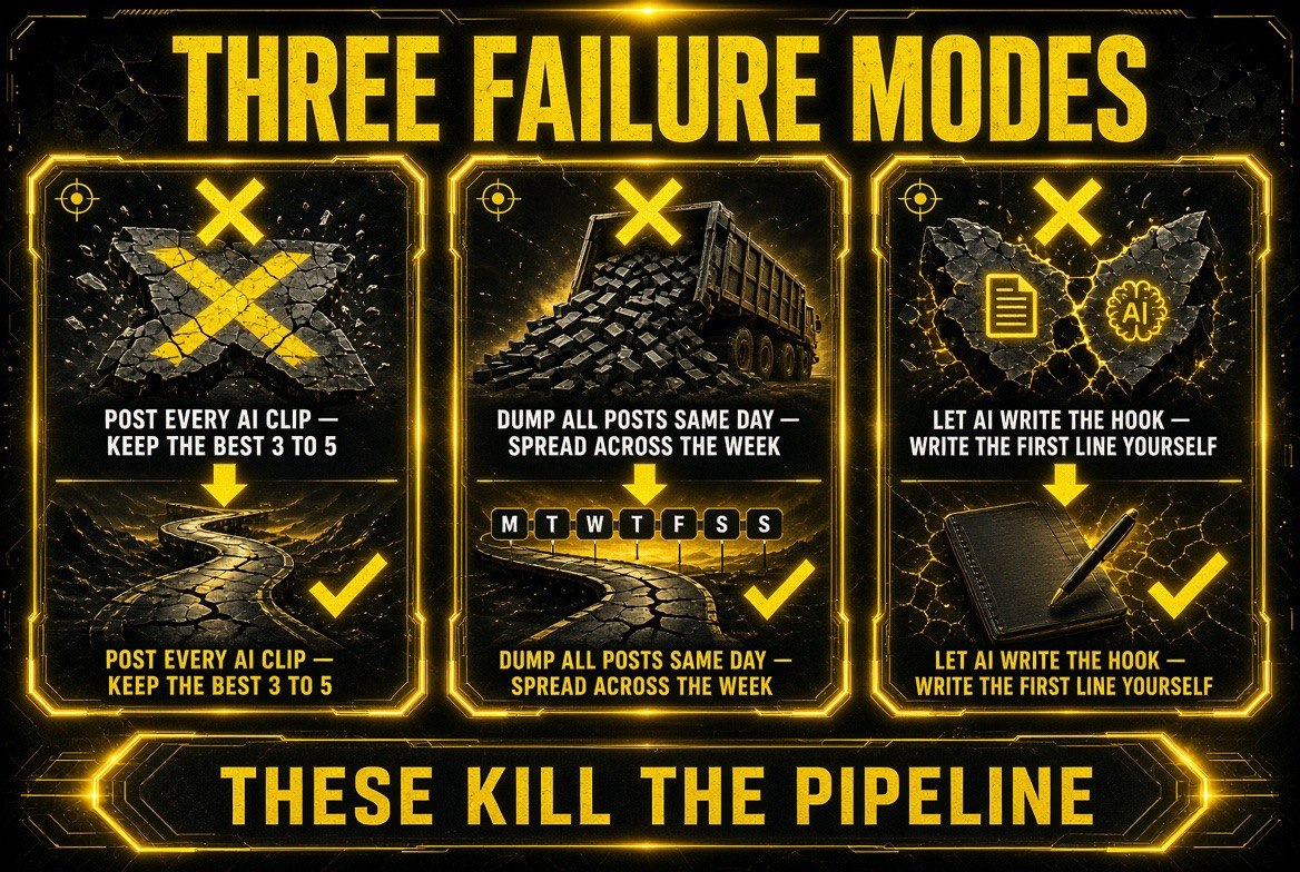 Three failure modes that kill a creator repurposing pipeline: posting every AI clip instead of the best three to five, dumping all posts on one day instead of spreading them, and letting AI write the hook