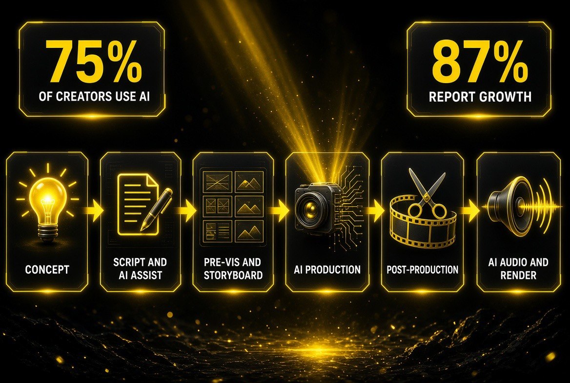 Six-stage AI-assisted film production pipeline infographic showing concept, script and AI assist, pre-vis and storyboard, AI production, post-production, and AI audio and render, with 75% of creators using AI and 87% reporting growth