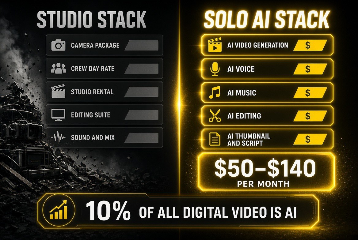 Cost comparison infographic of a traditional studio production stack versus a solo AI creator stack running $50-$140 per month, with AI accounting for 10% of all digital video