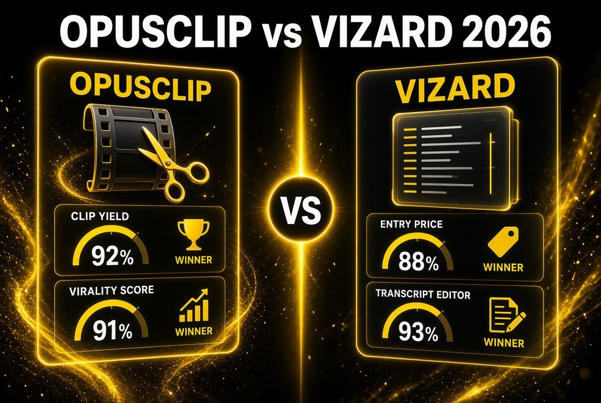 Head-to-head comparison infographic of OpusClip vs Vizard 2026 showing clip yield, virality score, entry price and transcript editor scores