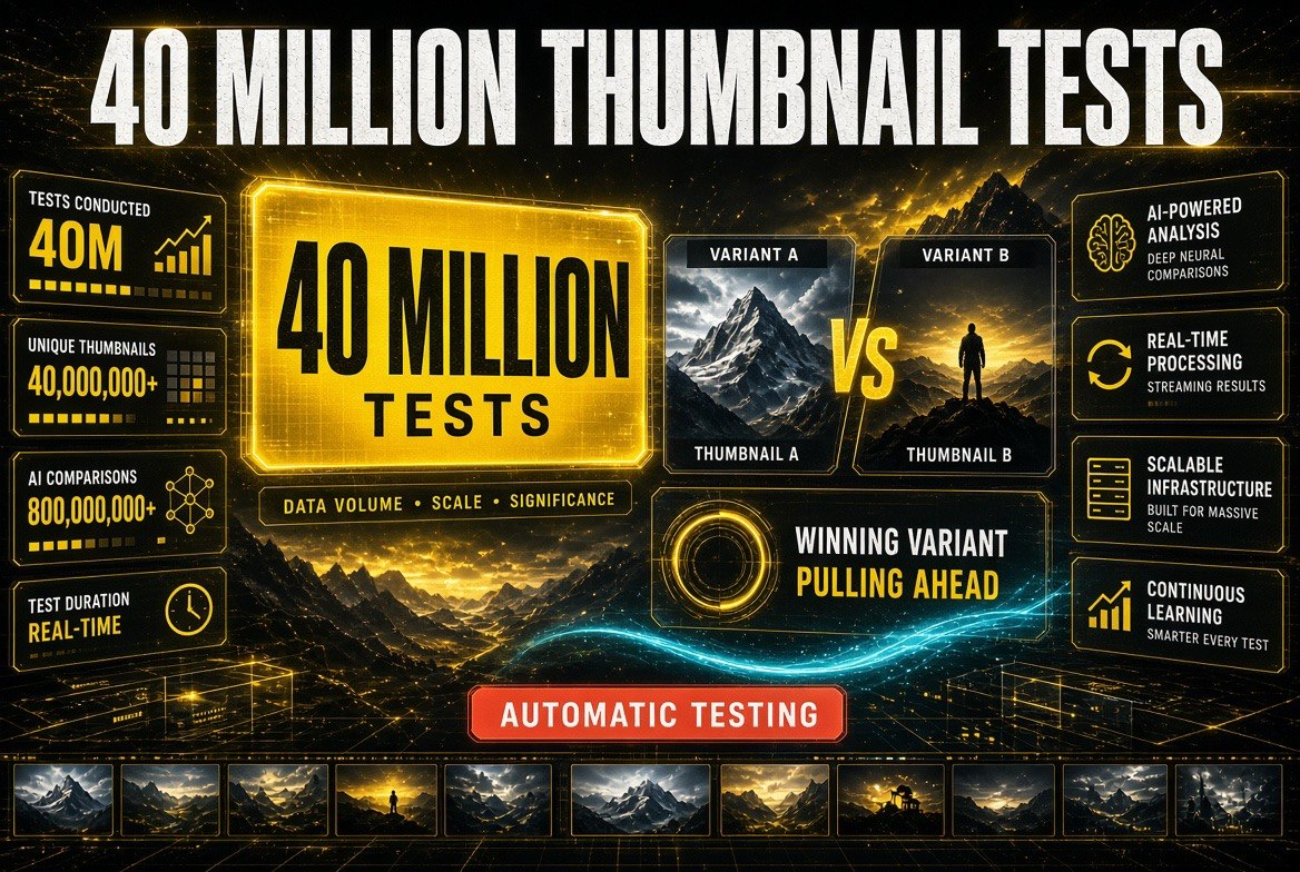Infographic showing YouTube thumbnail testing at 40 million tests with an A and B variant split panel and a winning variant result ring