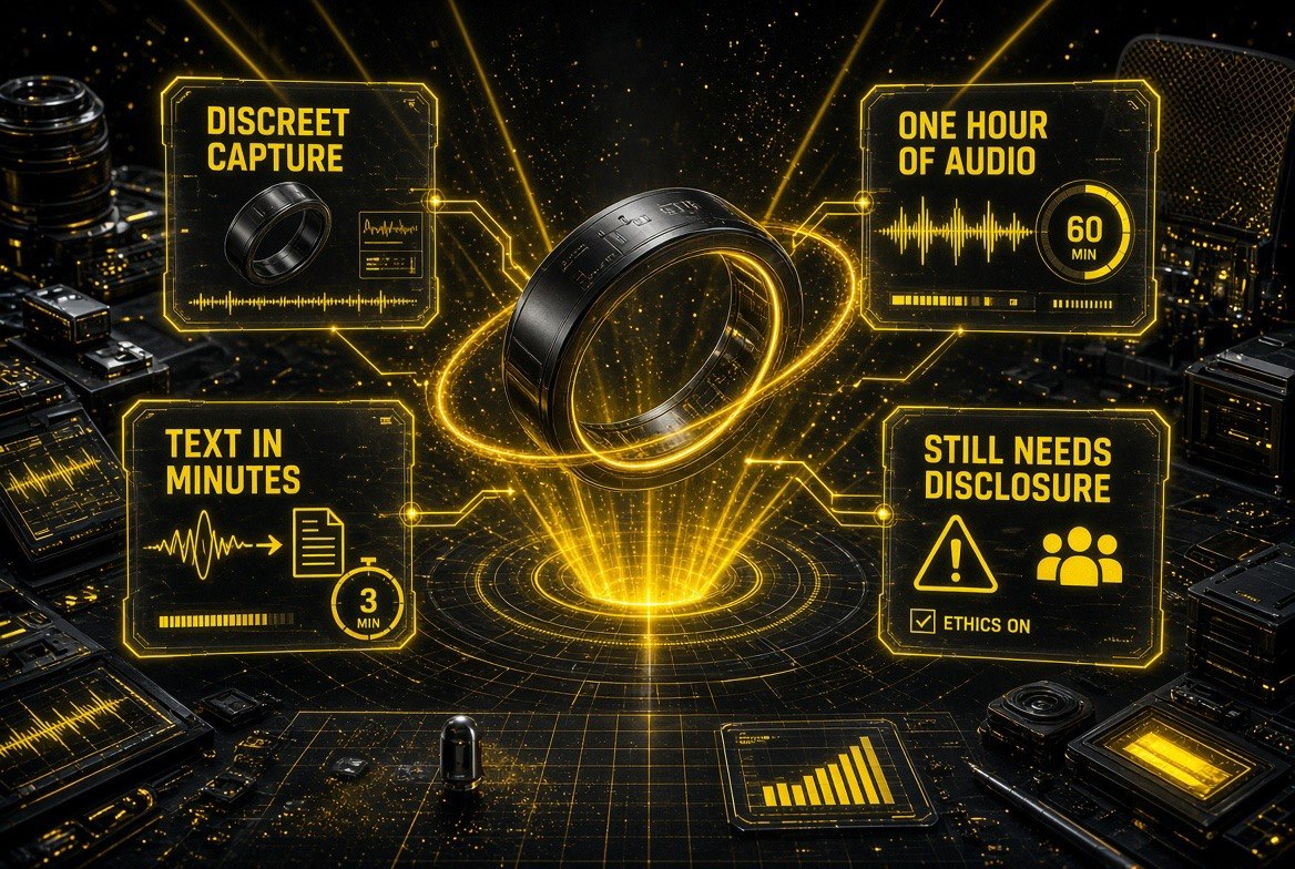 Wearable ring capture device with four feature callouts: discreet capture, one hour of audio, text in minutes, and still needs disclosure
