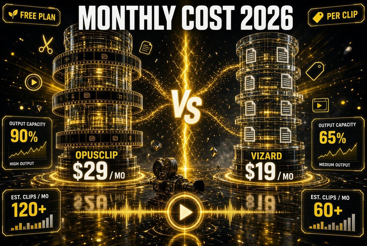 Monthly cost comparison chart showing OpusClip at 29 dollars per month versus Vizard at 19 dollars per month for 2026