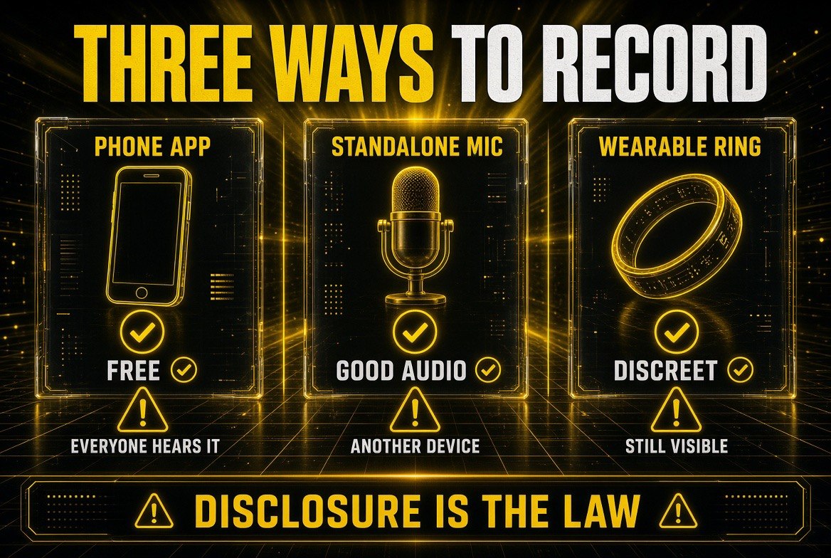 Three ways a solo creator can capture meeting or interview audio compared: a phone app is free but everyone hears it, a standalone mic gives good audio but is another device, and a wearable ring is discreet but still visible