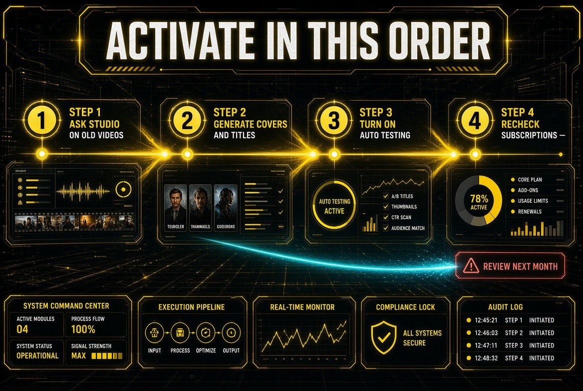 Four step checklist infographic for activating YouTube Studio AI features in order from Ask Studio on old videos through covers, automatic testing and a subscription review