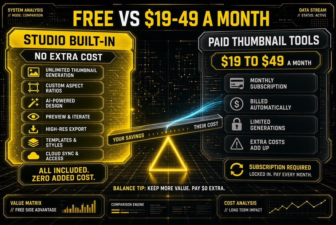 Cost comparison infographic showing YouTube Studio built-in thumbnail tools at no extra cost against paid thumbnail tools charging 19 to 49 dollars a month
