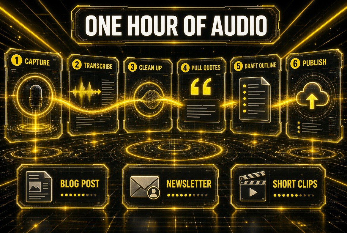 Six step pipeline turning one hour of captured audio into published content: capture, transcribe, clean up, pull quotes, draft outline, publish, producing a blog post, a newsletter and short clips