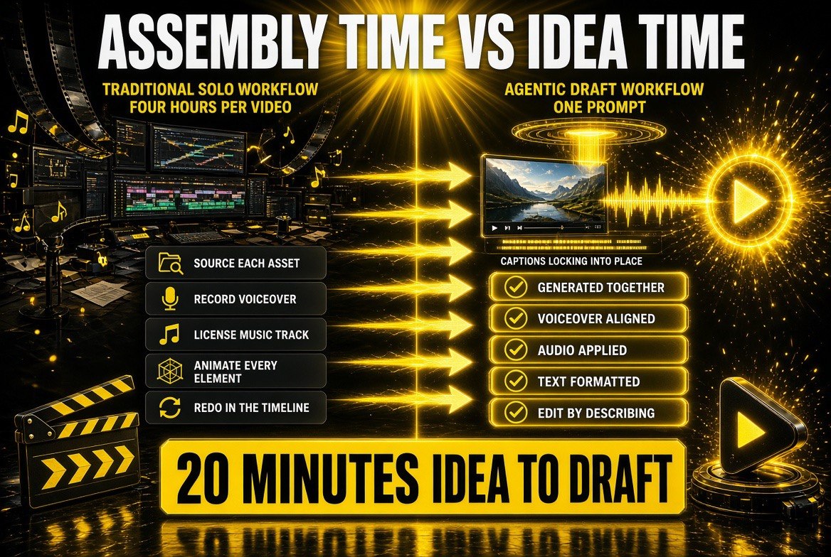 Side by side comparison of the traditional solo video workflow taking four hours per video against an agentic draft workflow built from one prompt