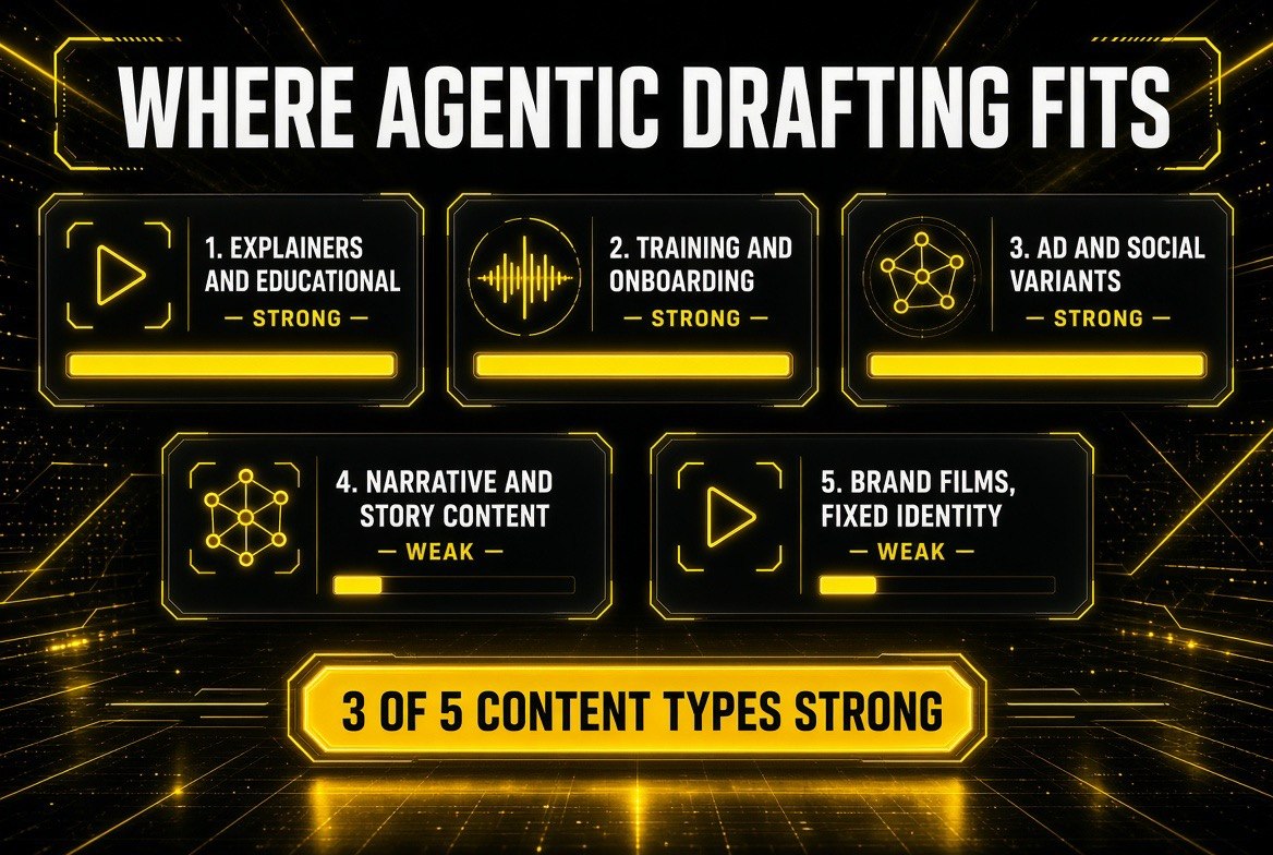 Ranking of content types by fit for agentic video drafting with explainers, training modules and ad variants rated strong and narrative content and brand films rated weak