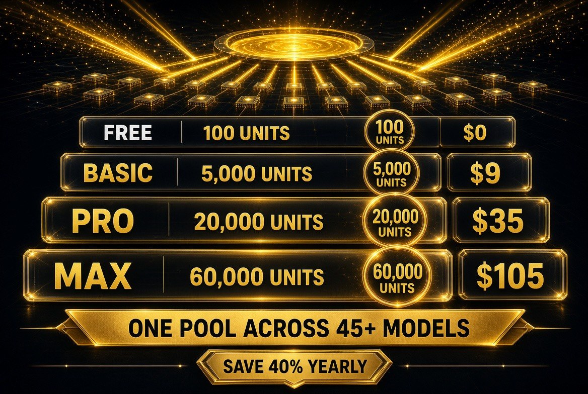 Krea pricing infographic showing Free with 100 units per day at zero dollars, Basic with 5,000 units at 9 dollars, Pro with 20,000 units at 35 dollars and Max with 60,000 units at 105 dollars, one pool across 45 plus models and 40 percent saved yearly