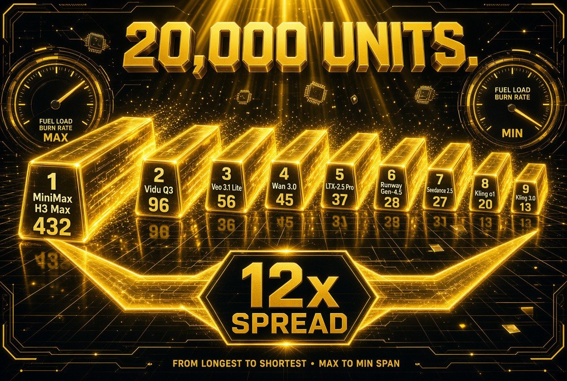 Krea unit burn chart showing how many videos 20,000 units buys on the Pro plan: MiniMax H3 Max 432, Vidu Q3 96, Veo 3.1 Lite 56, Wan 3.0 45, LTX-2.5 Pro 37, Runway Gen-4.5 28, Seedance 2.5 27, Kling o1 20 and Kling 3.0 13, a 12x spread