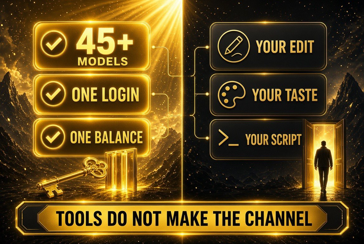Comparison infographic: one subscription brings 45 plus models, one login and one balance, while the creator still supplies their edit, their taste and their script, because tools do not make the channel