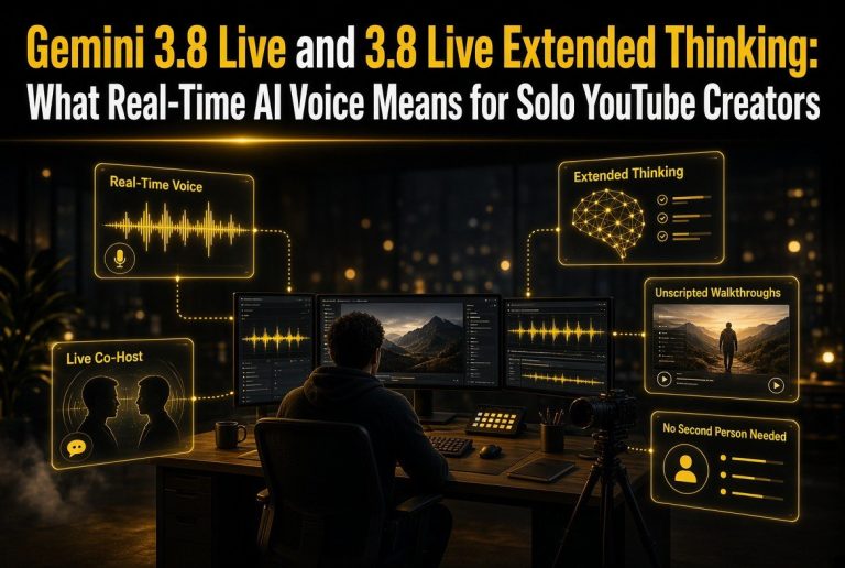 Gemini 3.8 Live and 3.8 Live Extended Thinking callouts: real-time voice, extended thinking, live co-host, unscripted walkthroughs, no second person needed