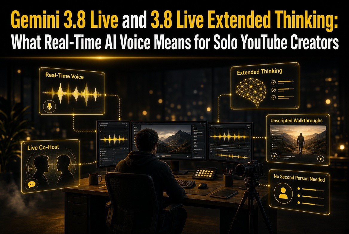 Gemini 3.8 Live and 3.8 Live Extended Thinking callouts: real-time voice, extended thinking, live co-host, unscripted walkthroughs, no second person needed