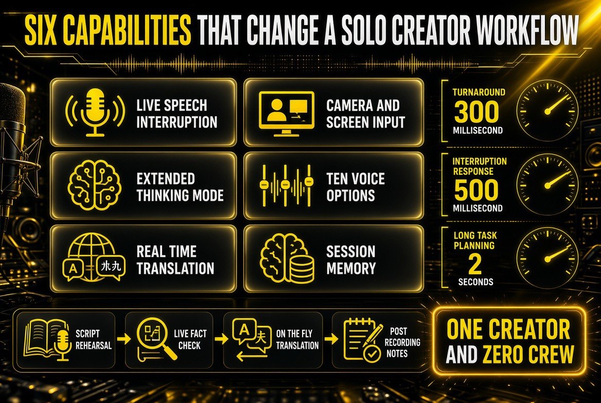Six capabilities of a real time AI voice model including live speech interruption, camera and screen input, extended thinking mode, ten voice options, real time translation, and session memory, with latency gauges at 300 milliseconds and 2 seconds
